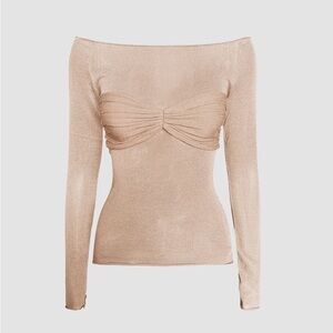 Mesh semi sheer off the shouldered sweater in light brown XS